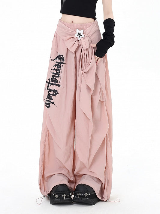 Black / Pink Low Waist Loose Fit Cargo Pants with Detachable Waist Accessory
