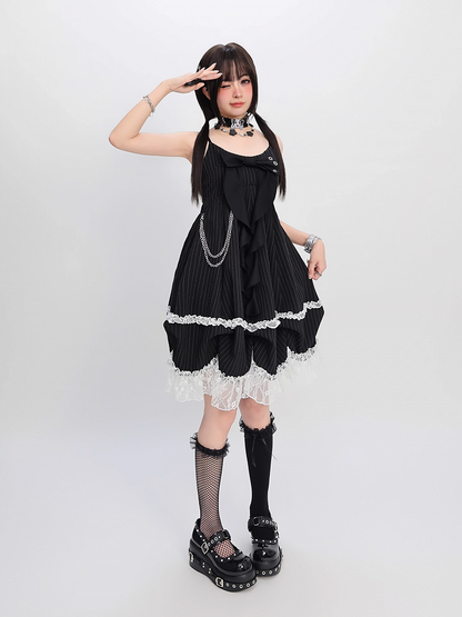 Big Bow Neckline Black Striped Cami Dress Bubble Skirt with Detachable Waist Chain