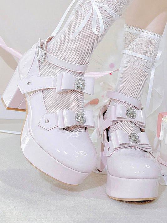 Buckle Ankle Strap Pink Rhinestoned Bowknots Jirai Kei Platform High Heels