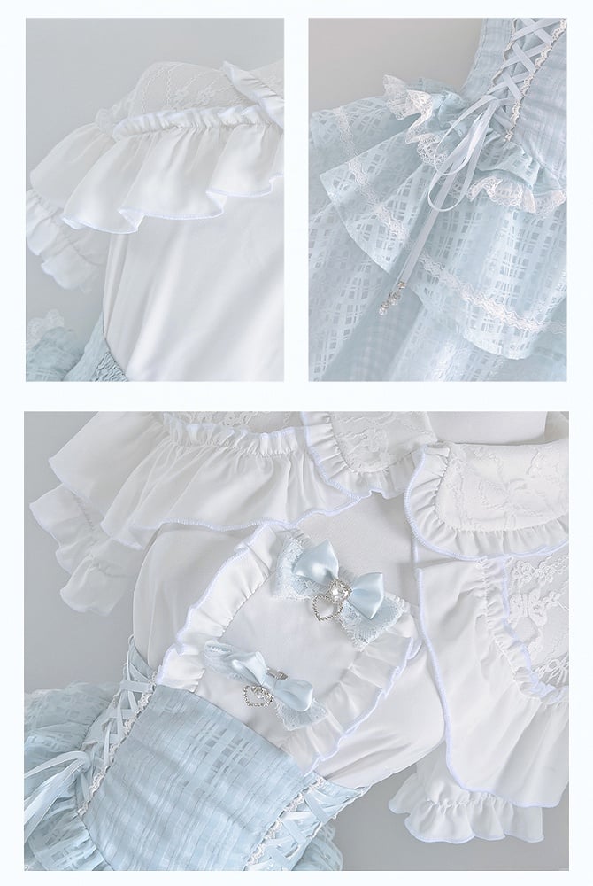 White Open Shoulder Blouse+ Light Blue Lace-up Waist Tiered Skirt+ Bowknots Jirai Kei Set