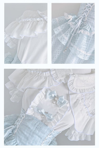 White Open Shoulder Blouse+ Light Blue Lace-up Waist Tiered Skirt+ Bowknots Jirai Kei Set