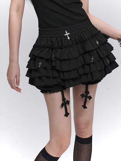 Gothic Black Cross Charms Mini Tiered Skirt Bloomers Lining
