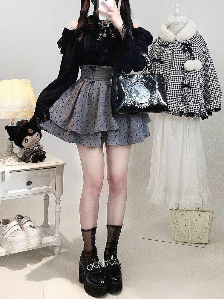 Dark Sweetness Tiered Skirt: Jirai Kei High Waist with Heart Polka Dot Pattern