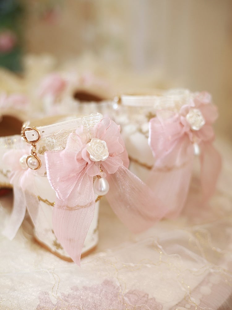 White & Pink Floral and Bow Accent 5CM/6CM/8CM Hime Lolita Block Heels