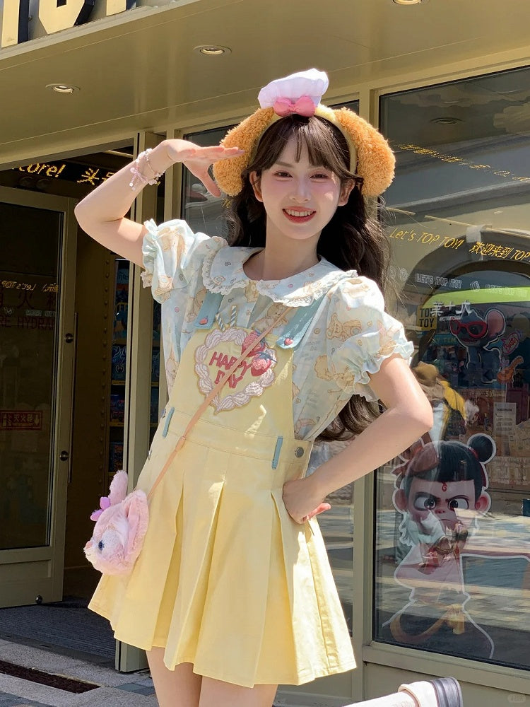Sweet Strawberry Embroidery Yellow Box Pleat Overall Dress