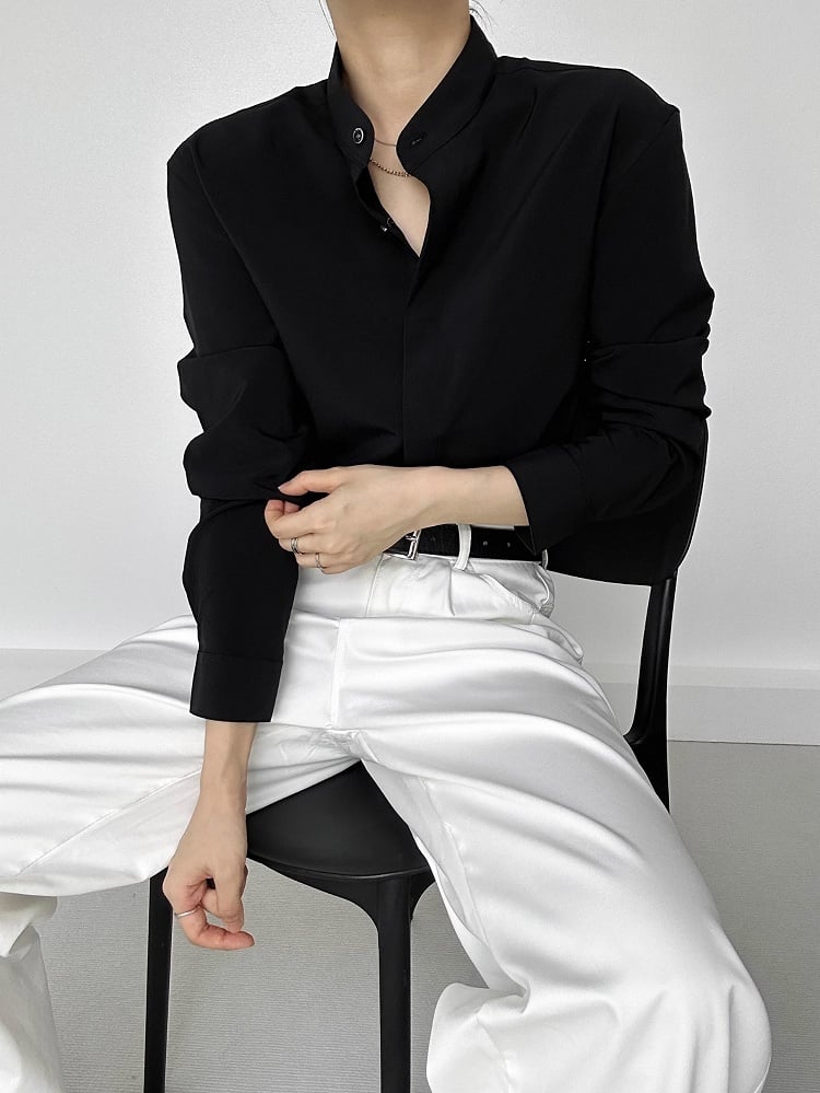 Ouji Lolita Black Unisex Mandarin Collar Long Sleeve Shirt with Button-Down Front