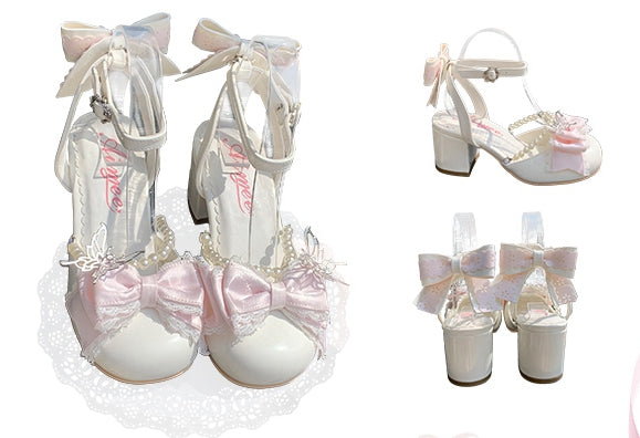 Sweet Bow Accents and Detachable Bead Chain White Lolita Mary Jane Shoes