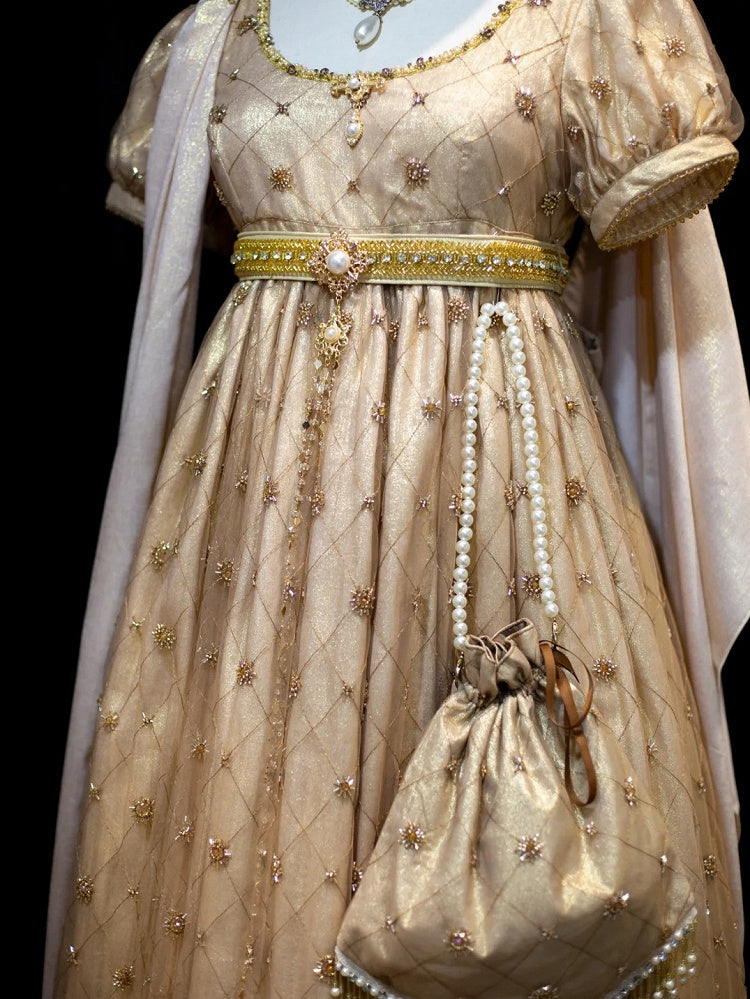 Allover Beaded Design Champagne Diamond Pattern Empire Waist Elegant Lolita One Piece Long/Short Version