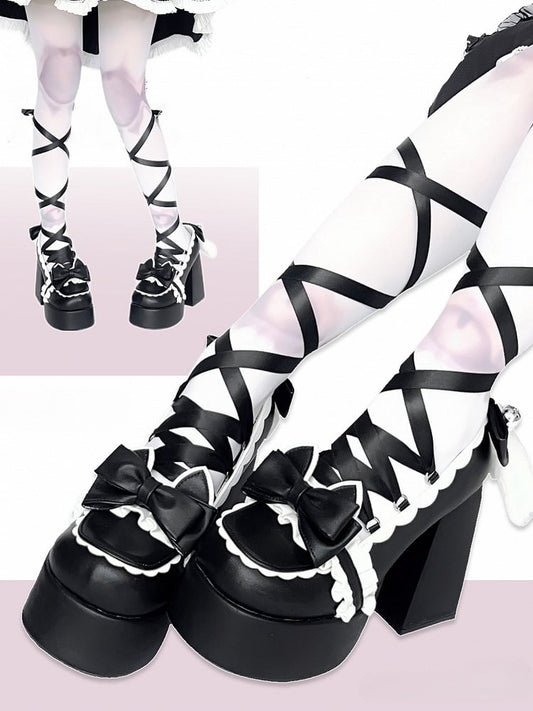 Cute Kitty Tails Black Bow at Top Punk Lolita Platform High Heels Lace-up at Ankle