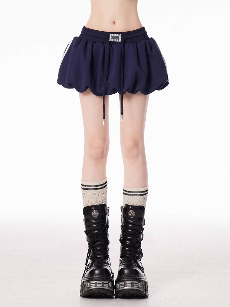 Navy Blue Drawstring Waist Blokette Core Mini Bubble Skirt