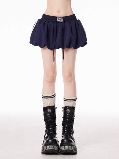 Navy Blue Drawstring Waist Blokette Core Mini Bubble Skirt