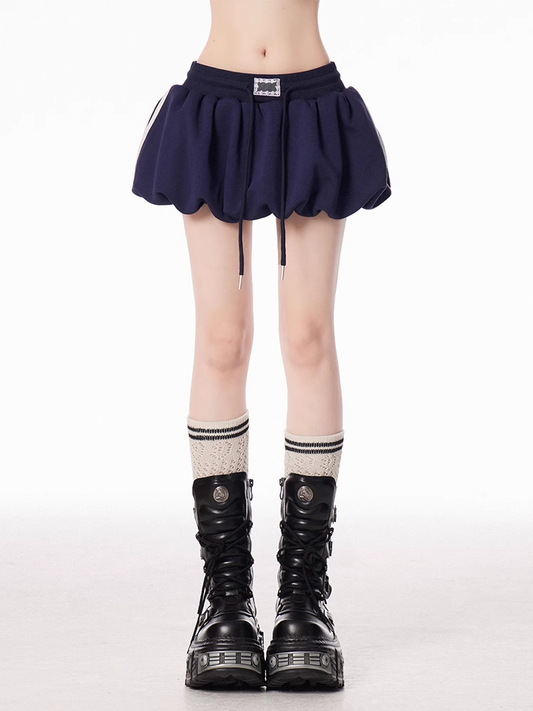 Navy Blue Drawstring Waist Blokette Core Mini Bubble Skirt