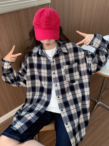 Navy Blue Front Button Placket Vintage Plaid Shirt