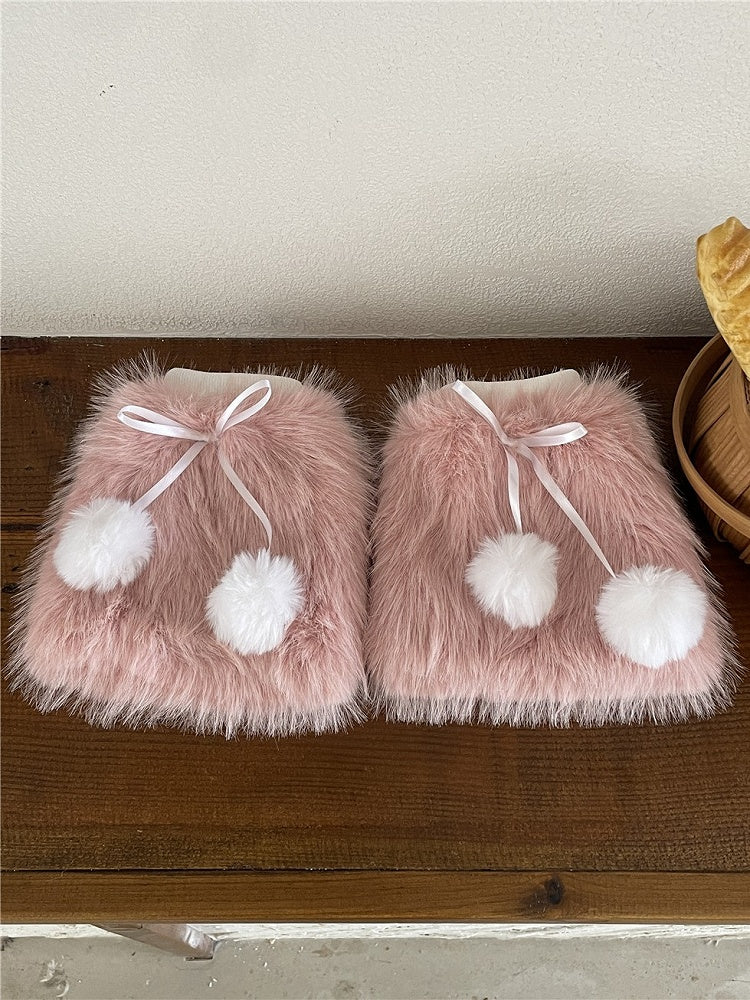 Pink/Coffee Sweet Plush Leg Warmers With Pompons