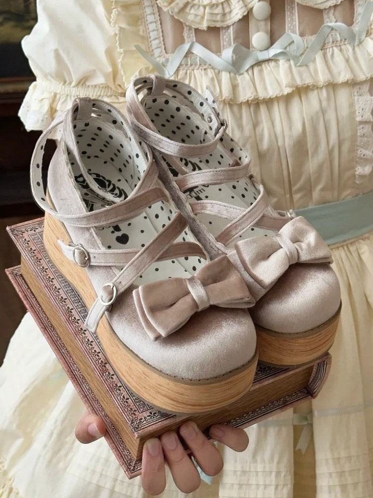 Sweet Beige Mary Janes for Lolita - Platform Heel with Bow Decor & Crossed Straps