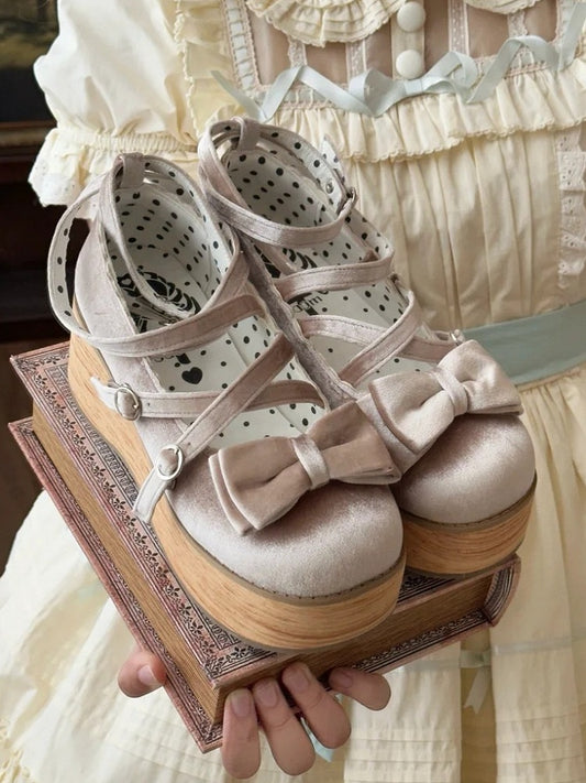Sweet Beige Mary Janes for Lolita - Platform Heel with Bow Decor & Crossed Straps