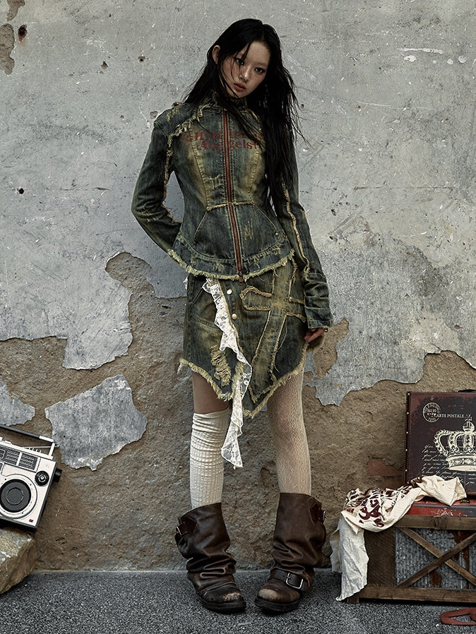 Blue Cross Patch Rock Punk Distressed Denim Jacket with Zip Cuffs