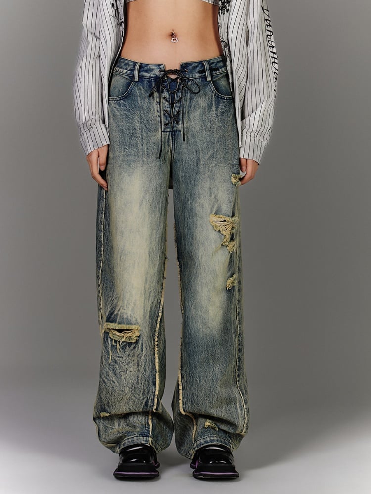 Blue Low Waist Faded Wash Distressed Holes Vintage Jeans with Lace-up Closure