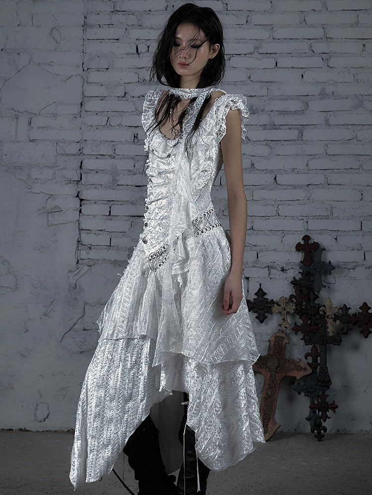 White Wasteland Punk Lace-up Design Handkerchief Hem Sleeveless Dress