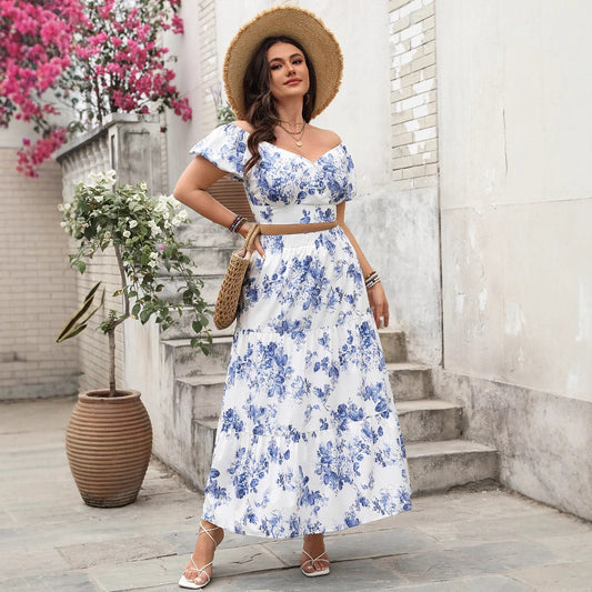 Plus size Printed V-neck top + skirt Two piece set