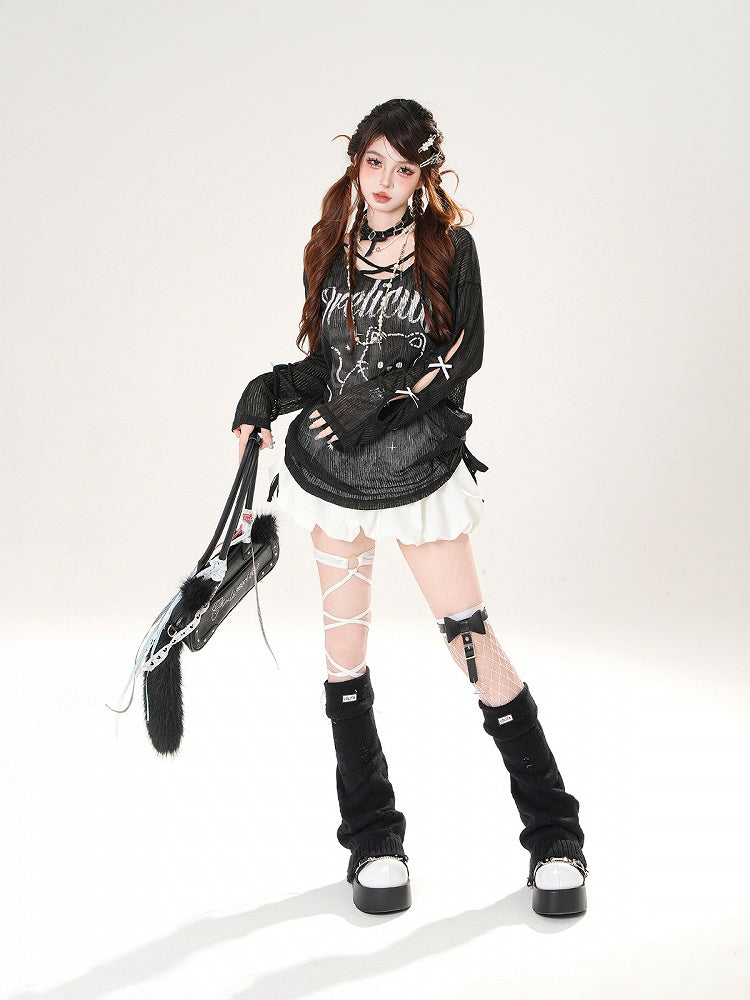 Black/White Asymmetrical Neckline Kitty Print Semi-sheer Coverup