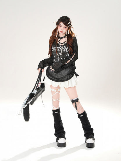 Black/White Asymmetrical Neckline Kitty Print Semi-sheer Coverup