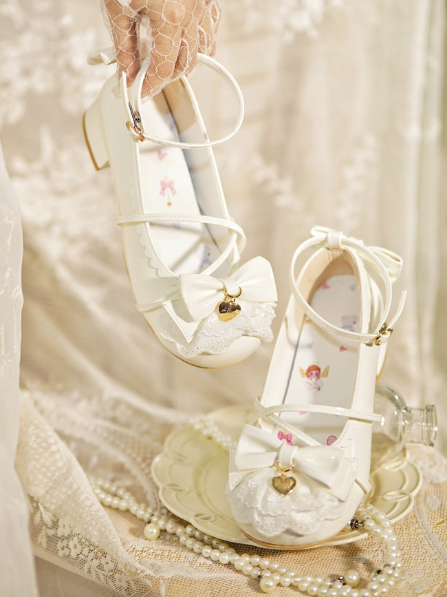 Milky White Heart Charm Bow at Top Lace Trim Crisscross Design Lolita Shoes