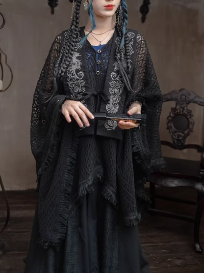 Tassel Hem Black Cheongsam Style Hollow-out Cape Cardigan with Detachable Seahorse and Coral Embroidery Collar