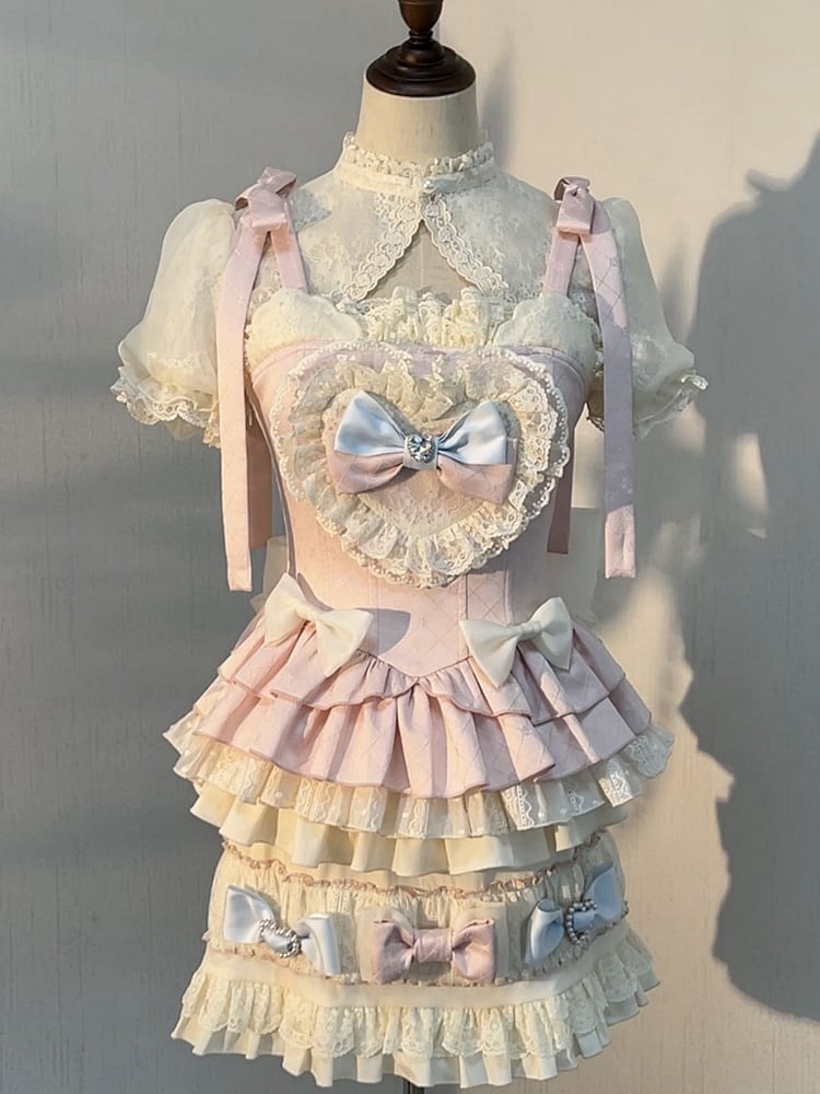 Pink and Blue Bow Accents Sweet Lolita Full Set - Cami Top + Skirt + Puff Sleeves Cropped Top