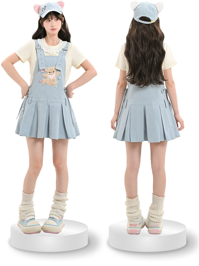 Plush Bear Applique Blue Box Pleat Overall Dress Adjustable Shoulder Straps