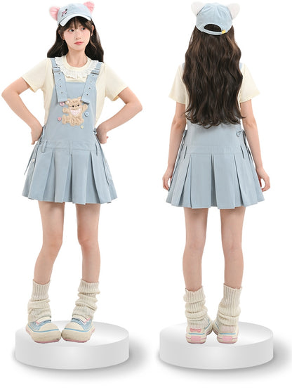 Plush Bear Applique Blue Box Pleat Overall Dress Adjustable Shoulder Straps