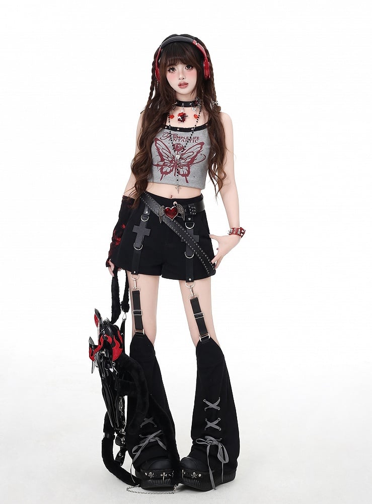 Black Cross Embellished Shorts with Lace-up Detail Detachable Leg Warmers