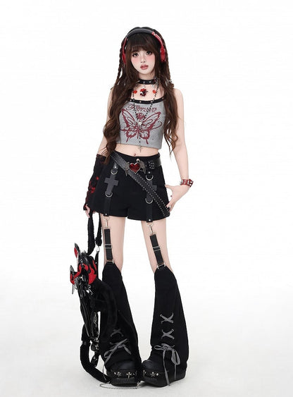 Black Cross Embellished Shorts with Lace-up Detail Detachable Leg Warmers