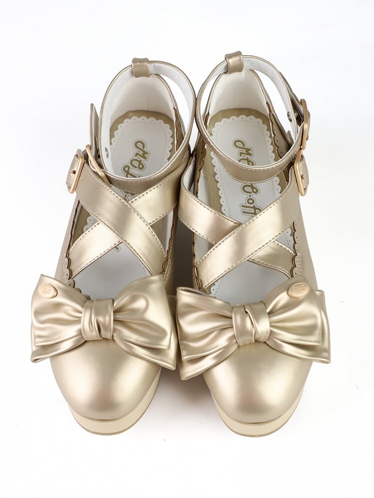 Wooden Look Platform & Bow at Top PU Golden Platform Mary Jane Shoes in Sweet Lolita