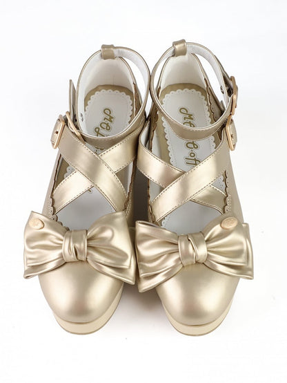 Wooden Look Platform & Bow at Top PU Golden Platform Mary Jane Shoes in Sweet Lolita