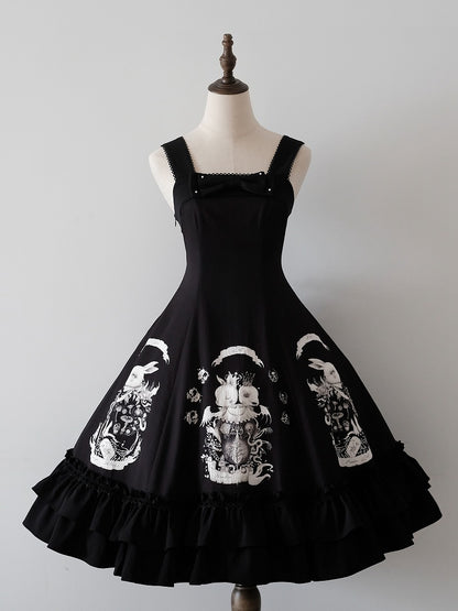 Bunny Print Black Dark Gothic Lolita Slim Fit Waist Dress