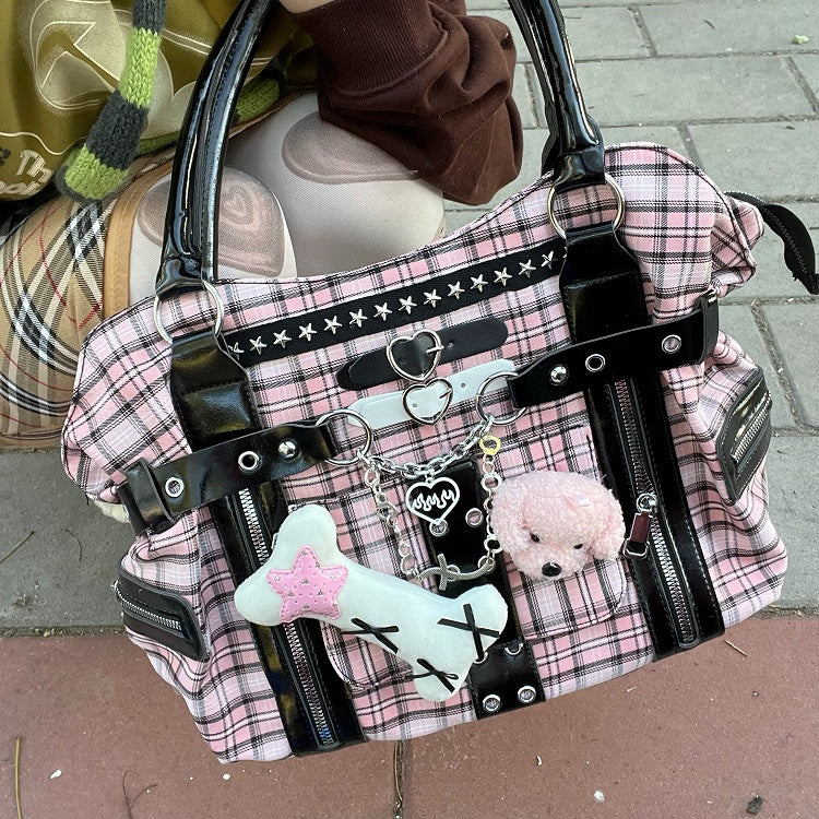Black & Pink Plaid Y2K Shoulder Bag with Puppy and Bone Plushie