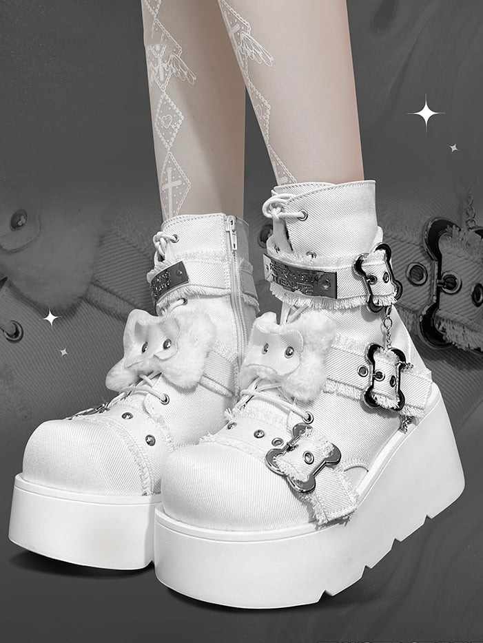 Buckle Straps Plush Bone Decorated Denim White Punk Platform Boots