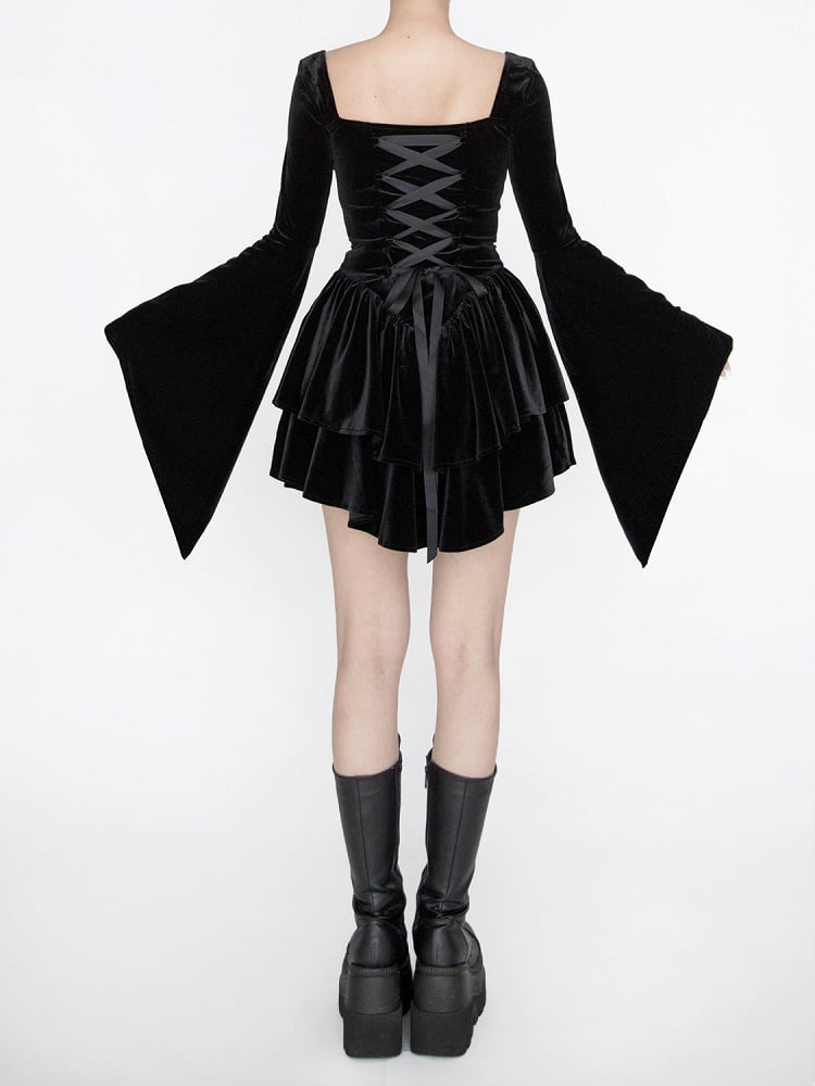 Gothic Black Velvet Bell Sleeves  Tiered Skirt Witch Dress