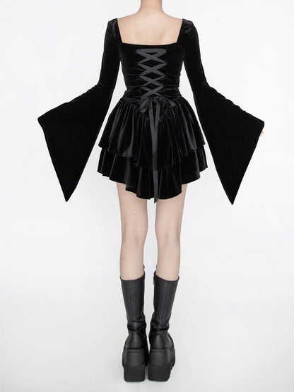 Gothic Black Velvet Bell Sleeves  Tiered Skirt Witch Dress