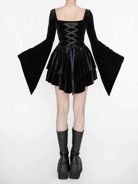 Gothic Black Velvet Bell Sleeves  Tiered Skirt Witch Dress