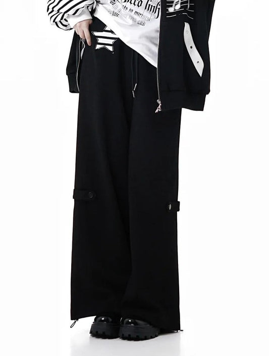 Black Drawstring Straight-Leg Pants with Star Stripe Applique Design