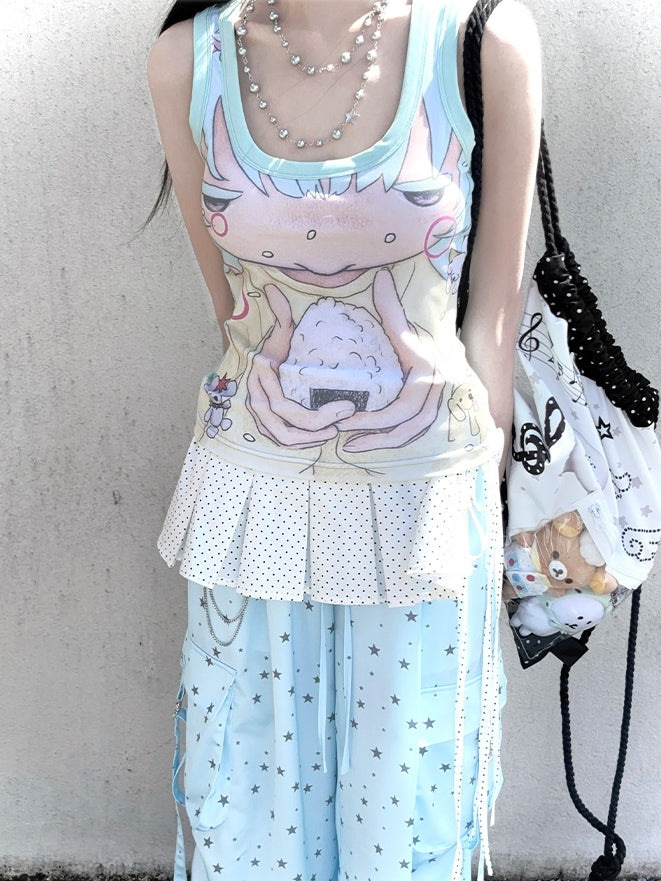 Anime Girl Print Mint Green Square Neckline Tank Top