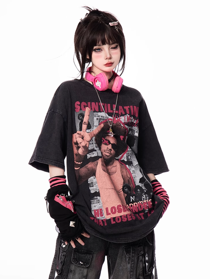 Black Round Neck Vintage Print Loose T-Shirt
