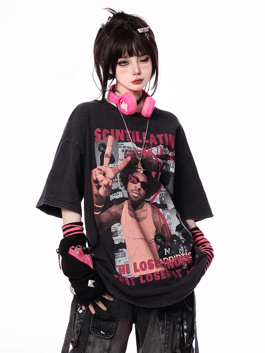 Black Round Neck Vintage Print Loose T-Shirt