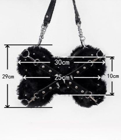 White Punk Y2K Bone-Shaped Fleece Bag With Studded Crisscross Straps