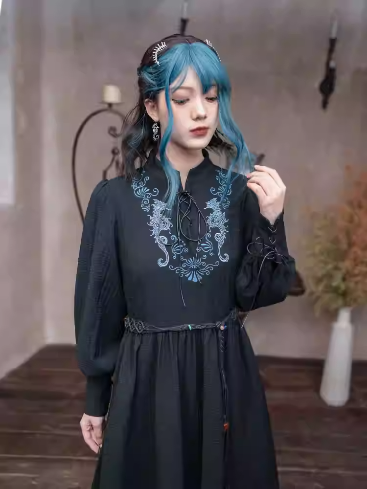Blue Seahorse Embroidery Tassel Hem Black Cheongsam Style Dress with Lace-up Detail at Front