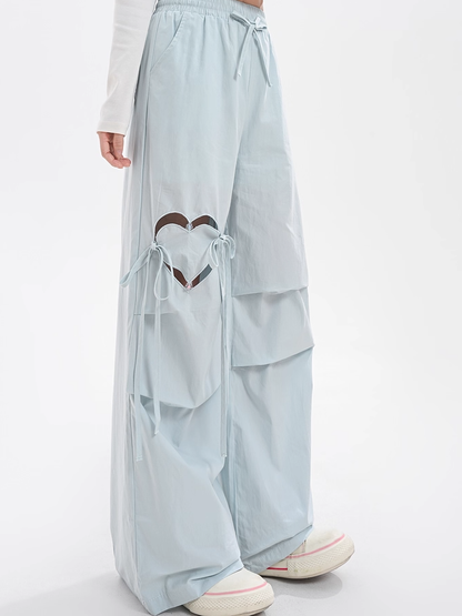 Blue/Pink Drawstring Waist Heart-shaped Cutout Wide-leg Pants