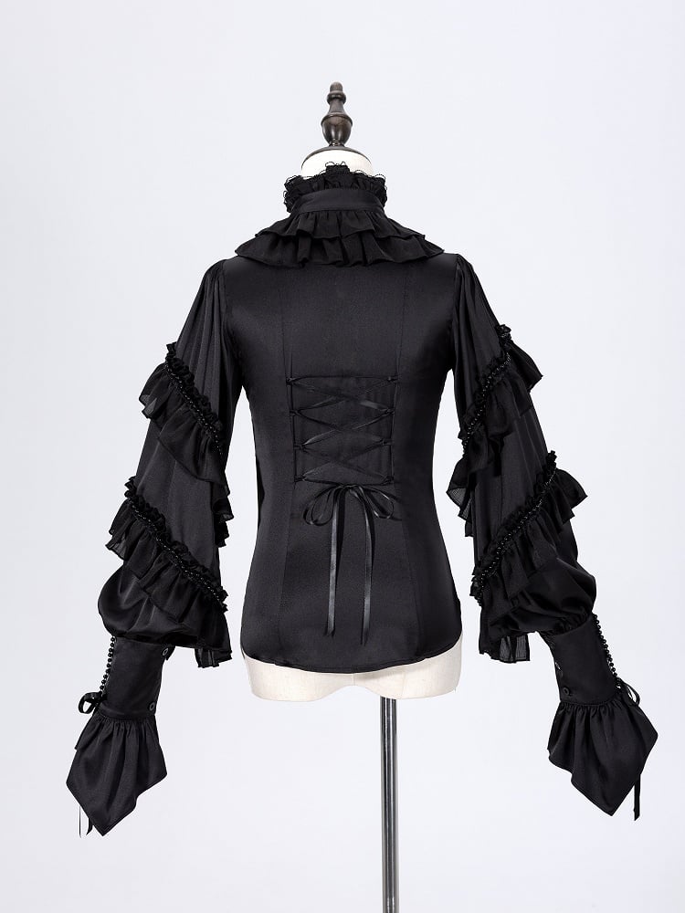 Ruffled High Neck Black Bead Chain and Cascading Ruffles Long Sleeves Siren Shirt
