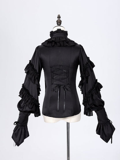 Ruffled High Neck Black Bead Chain and Cascading Ruffles Long Sleeves Siren Shirt